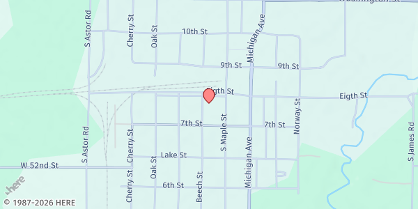 Map showing Bread of Life Food Pantry/Lake County Area CC at 870 Beech Street, Baldwin, MI