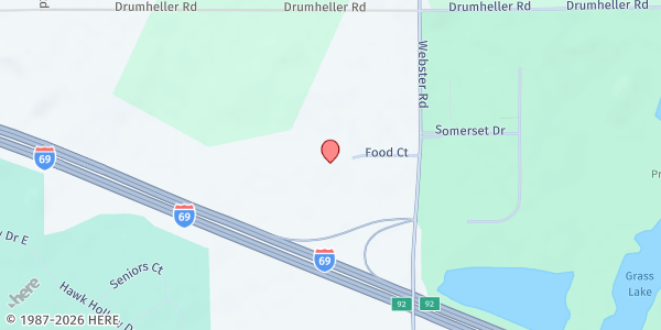 Map showing Greater Lansing Food Bank at 5600 Food Ct, Bath Twp, MI