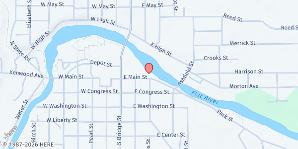 Map showing Alvah N. Belding Memorial Library (Gather 2 Grow) at 302 East Main St., Belding, MI