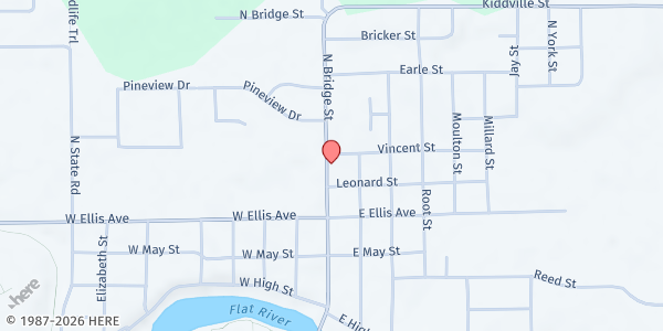 Map showing Belding Assembly of God at 614 N Bridge St, Belding, MI