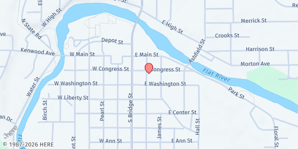 Map showing Belding Ministerial Association at 203 E Congress St, Belding, MI