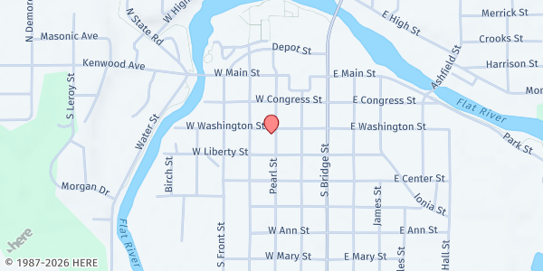 Map showing First Congregational Church of Belding at 301 W Washington St, Belding, MI