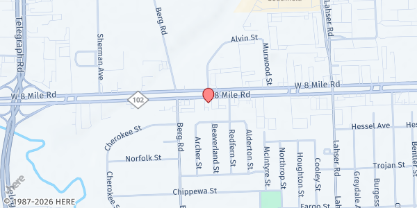 Map showing First Baptist World Changers at 22575 Eight Mile Road, Berg-Lahser, MI