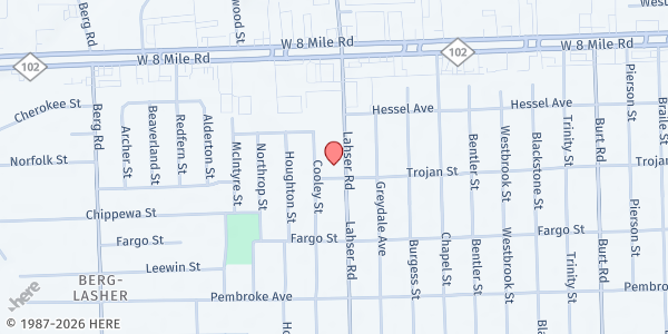 Map showing New Hope Tabernacle Church at 20221 Lahser Road, Berg-Lahser, MI
