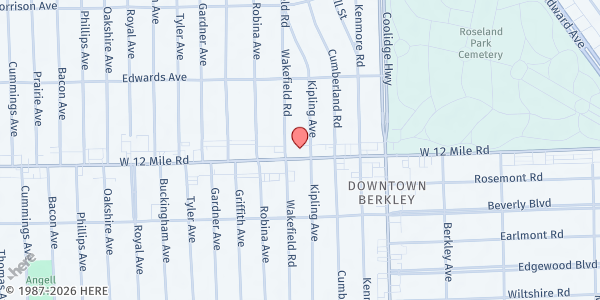 Map showing Berkley Cares Food Pantry at 2820 12 Mile Rd, Berkley, MI