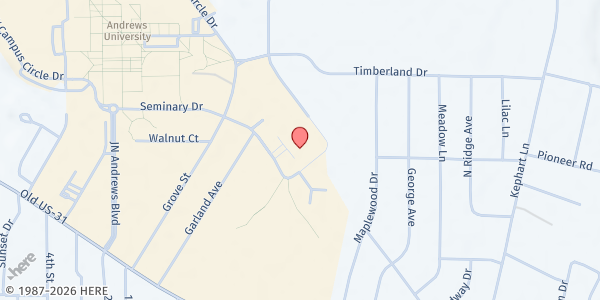 Map showing God's Abundant Pantry/Pioneer Memorial SDA at 4519 International Court, Berrien Springs, MI