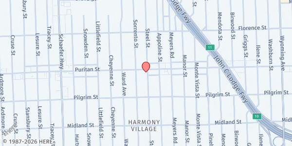 Map showing Christland Community Outreach Center at 12901 Puritan Avenue, Bethune Community, MI