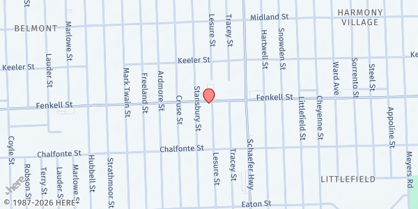 Map showing Word of God Church Ministries at 13801 Fenkell Avenue, Bethune Community, MI