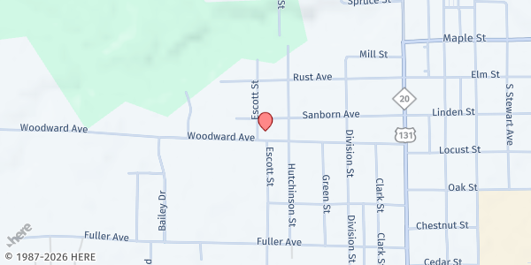 Map showing Big Rapids Church of the Nazarene at 514 Woodward Avenue, Big Rapids, MI