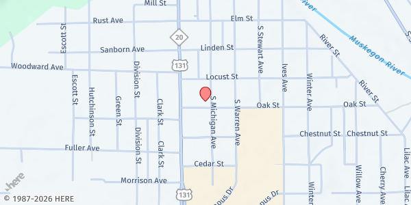 Map showing Big Rapids Community Library at 426 South Michigan Ave, Big Rapids, MI