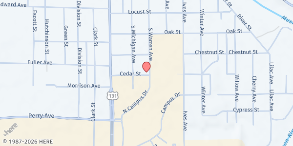 Map showing FSU Wesley House at 628 S Warren Ave, Big Rapids, MI