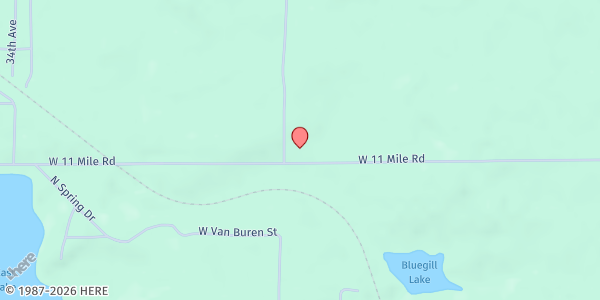 Map showing Merrill Township Hall at 1585 West 11 Mile Road, Bitely, MI