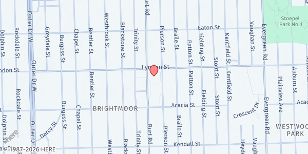 Map showing MP-Gompers/Brightmoor Alliance at 14450 Burt Road, Brightmoor, MI