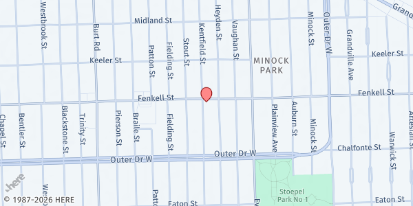 Map showing MP-Northwestern Community Baptist Church at 20225 Fenkell Avenue, Brightmoor, MI