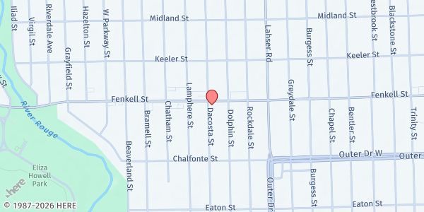 Map showing St. Christine Christian Services — Food Pantry at 22261 Fenkell Avenue, Brightmoor, MI