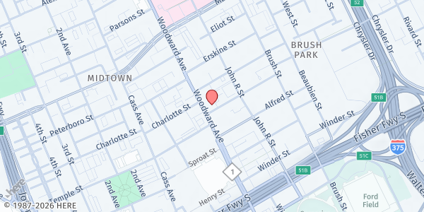 Map showing Everyone Eats - Brush Park at 2930 Woodward Avenue, Brush Park, MI