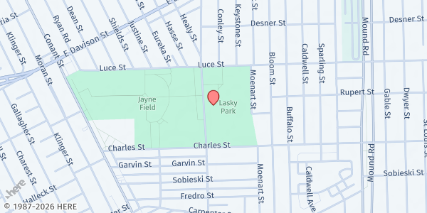 Map showing Lasky Recreation Center at 13200 Fenelon Street, Buffalo Charles, MI