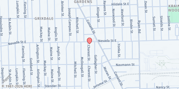 Map showing Greater Apostolic Temple Food Distribution at 17950 Charest Street, Cadillac Heights, MI