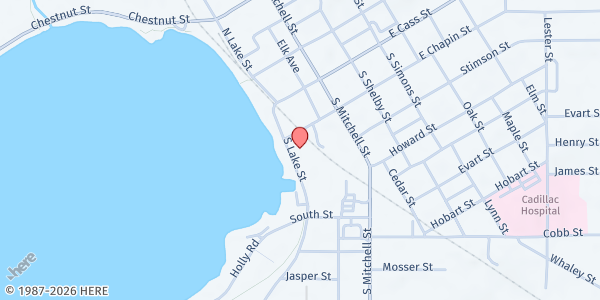 Map showing Cadillac Wexford Public Library at 411 S Lake Street, Cadillac, MI