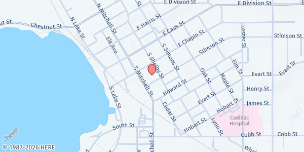 Map showing Kings Storehouse Food Pantry- First Baptist Church at 125 Stimson Street, Cadillac, MI