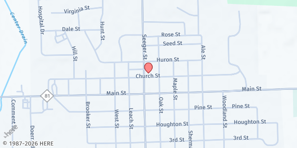 Map showing First Presbyterian Church at 6505 Church St, Cass City, MI