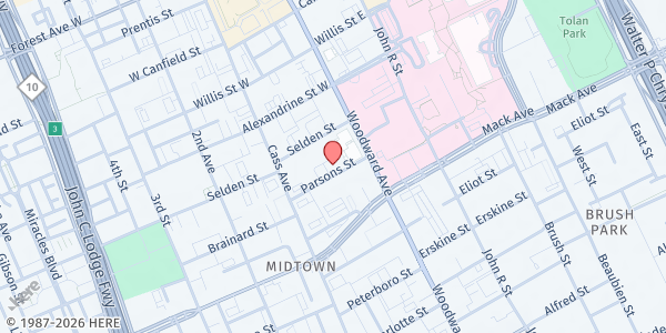 Map showing St. Patrick's Senior Center at 58 Parsons Street, Cass Corridor, MI