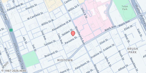 Map showing St. Patrick Senior Center at 58 Parsons Street, Cass Corridor, MI