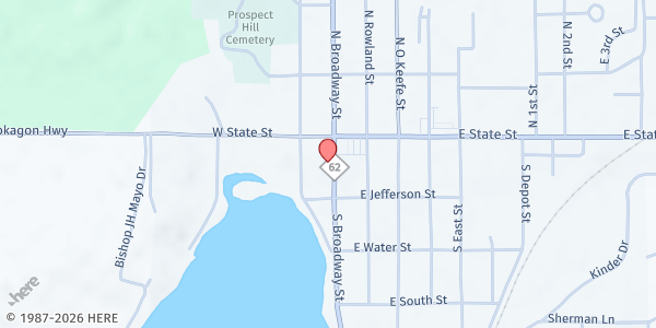 Map showing Helping Hands of Cass County at 130 S. Broadway, Cassopolis, MI