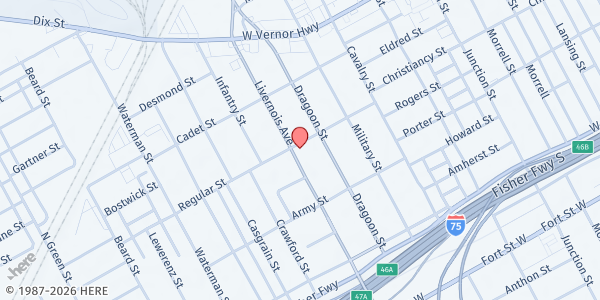 Map showing Pentecostal Temple Baptist Church at 1456 Livernois, Central Southwest, MI