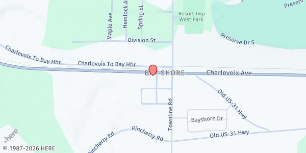 Map showing Jesus Is Lord Church at 10593 Seneca Avenue, Charlevoix, MI