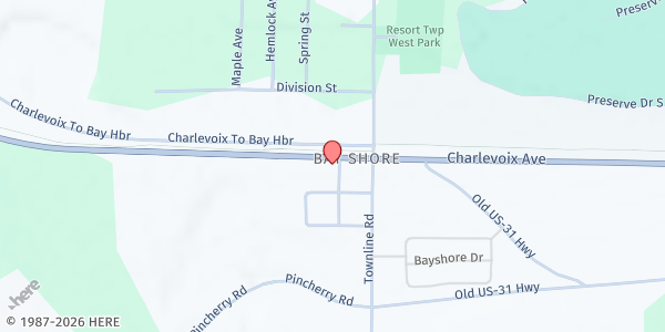 Map showing Jesus is Lord Church Pantry at 10593 Seneca Avenue, Charlevoix, MI