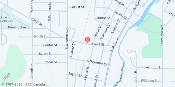 Map showing Cheboygan Compassionate Ministries at 647 Court St, Cheboygan, MI