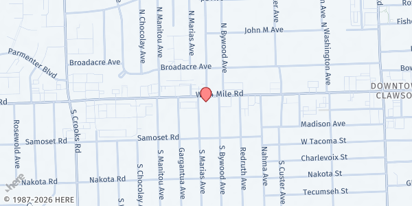Map showing Beacon of Hope Food Pantry at Good Shephard Lutheran Church at 749 West 14 Mile Road, Clawson, MI