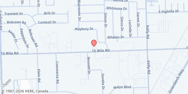 Map showing Macomb County Veterans Food Bank at 18025 15 Mile Road, Clinton Township, MI