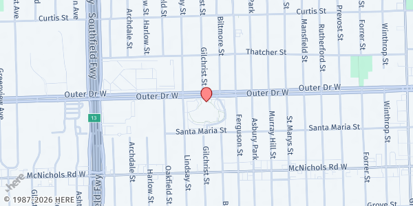 Map showing Fellowship Chapel at 7707 West Outer Drive, College Park, MI