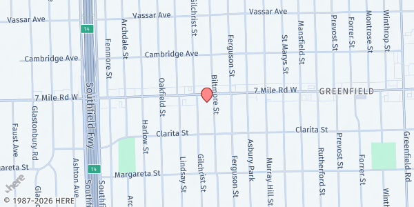 Map showing First Baptist Institutional Church at 17101 West Seven Mile Road, College Park, MI