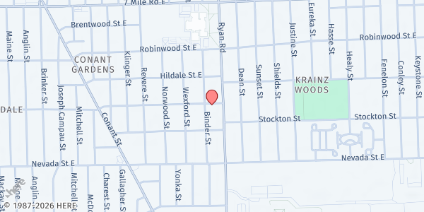 Map showing Pilgrim Baptist Church - Conant Gardens at 18474 Binder Street, Conant Gardens, MI