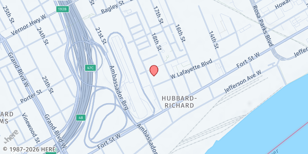 Map showing Basilica of St. Anne de Detroit Food Bank at 1000 Sainte Anne Street, Detroit, MI