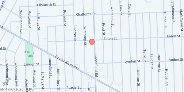 Map showing Church of God of Prophecy at 14625 Greenfield Road, Detroit, MI