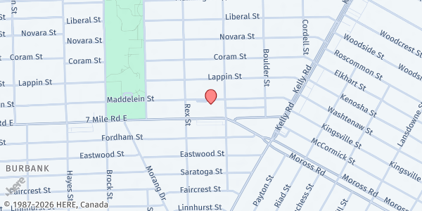 Map showing Deo Gratias Ministries Detroit at 15879 Seven Mile E, Detroit, MI