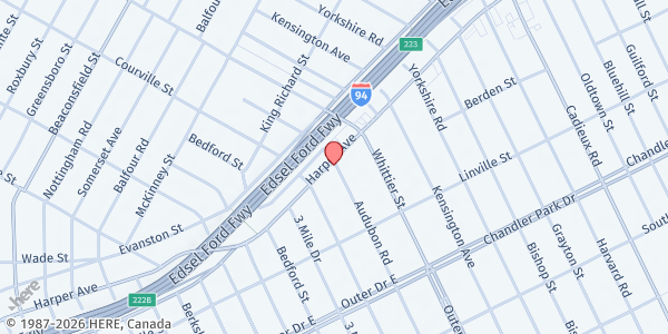 Map showing Restoration House Community Center at 16392 Harper Ave, Detroit, MI