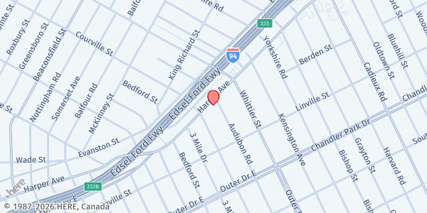 Map showing Restoration House Community Center - Food Distribution Center at 16392 Harper Ave, Detroit, MI