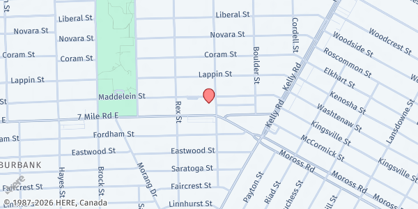 Map showing St Jude Food Pantry at 15889 Seven Mile E, Detroit, MI