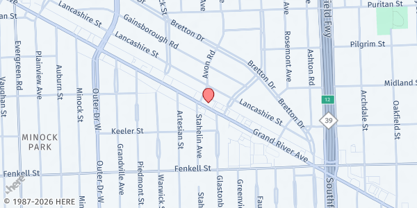 Map showing The Geraldine Ellison Foundation - Food Distribution Center at 18724 Grand River Ave, Detroit, MI