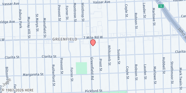 Map showing The Really Living Corp at 18966 Greenfield, Detroit, MI