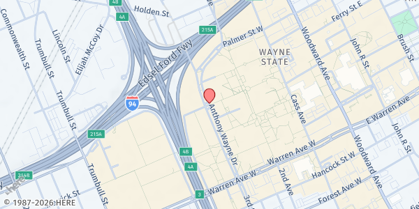 Map showing Wayne State University Food Pantry - The W at 703 West Kirby Street, Detroit, MI