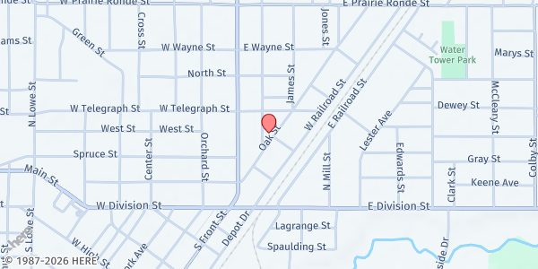 Map showing Feed My Sheep Food Pantry/ First Christian Church Dowagiac at 121 Oak Street, Dowagiac, MI