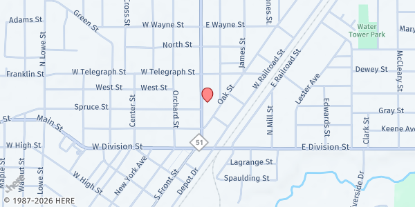 Map showing Holy Maternity of Mary Church at 210 N. Front Street, Dowagiac, MI