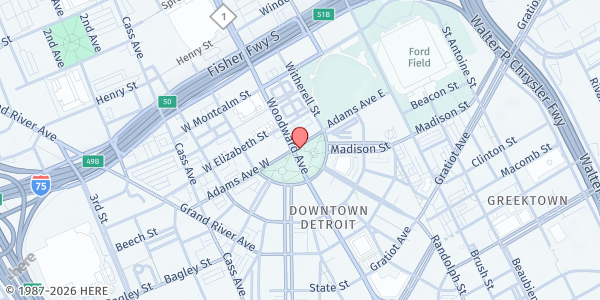 Map showing Central United Methodist Church at 23 East Adams Avenue, Downtown Detroit, MI