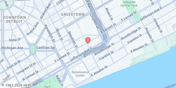 Map showing Pope Francis Center at 438 Saint Antoine, Downtown Detroit, MI